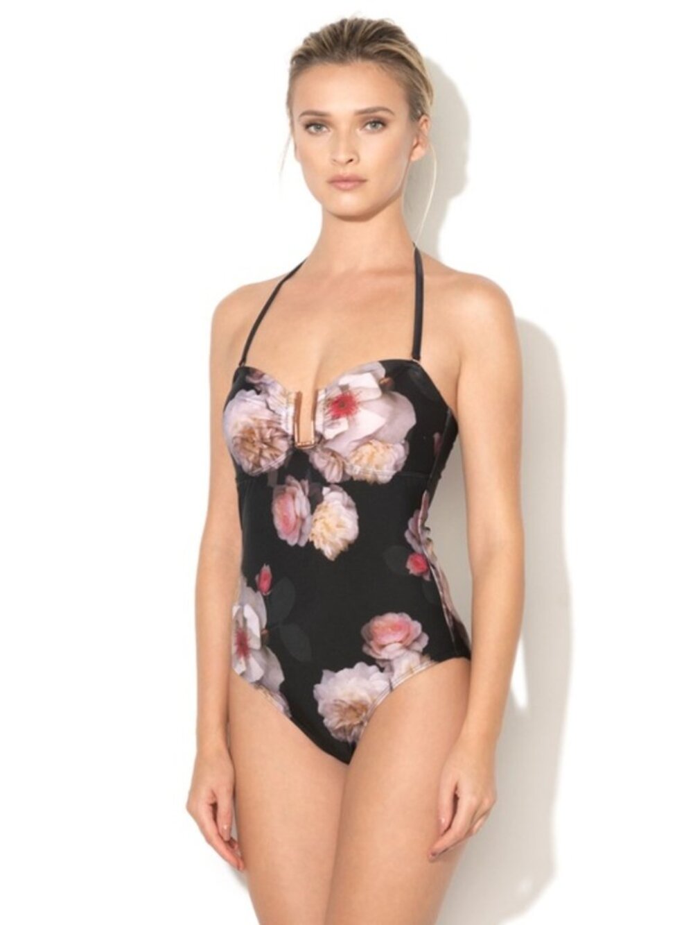 NWT Ted Baker Unah Chelsea Print One Piece Swimsuit Black Pink Floral U Bar Sz 0